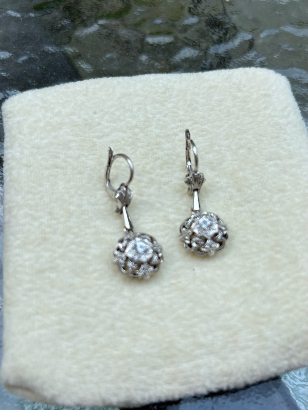 14 karat WhiteGold antique  Drop Earrings with Clear 1/2 diamond Stones - Silver